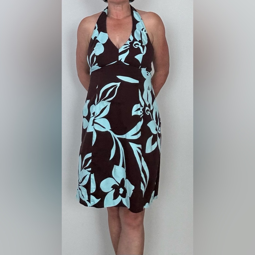 Hibiscus print halter dress